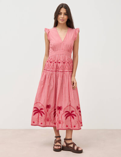 Robe col v manches volantes en coton rouge femme