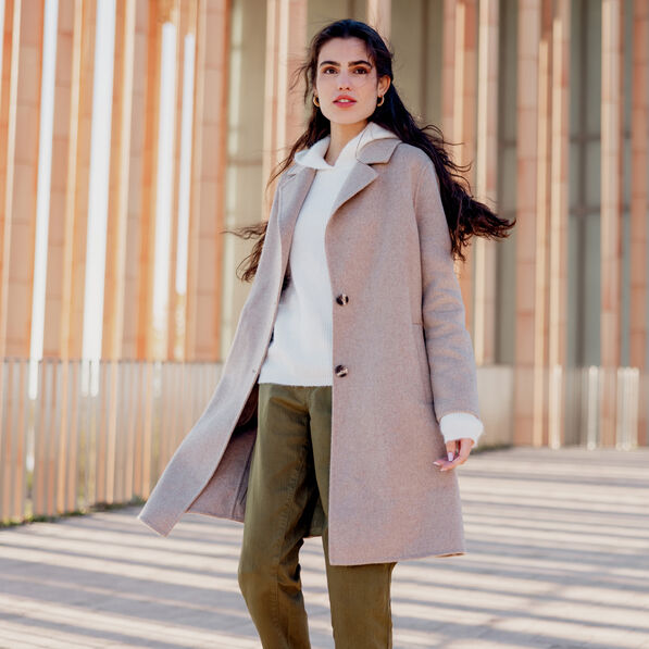 Manteau droit long boutonné marron clair femme