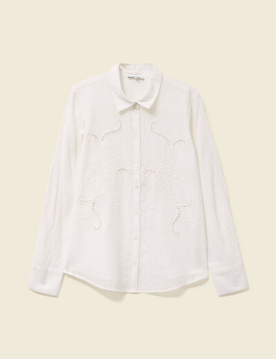 Chemise manches longues en coton brodée creme femme