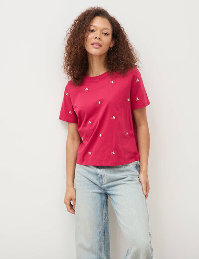 T-shirt droit col rond brod&eacute; en coton rouge clair femme