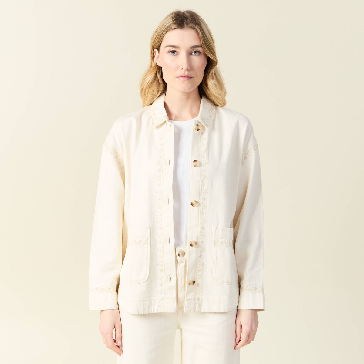 Blouson boutonné brodé denim blanc femme