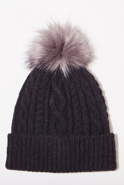 Bonnet tricoté à pompon noir femme