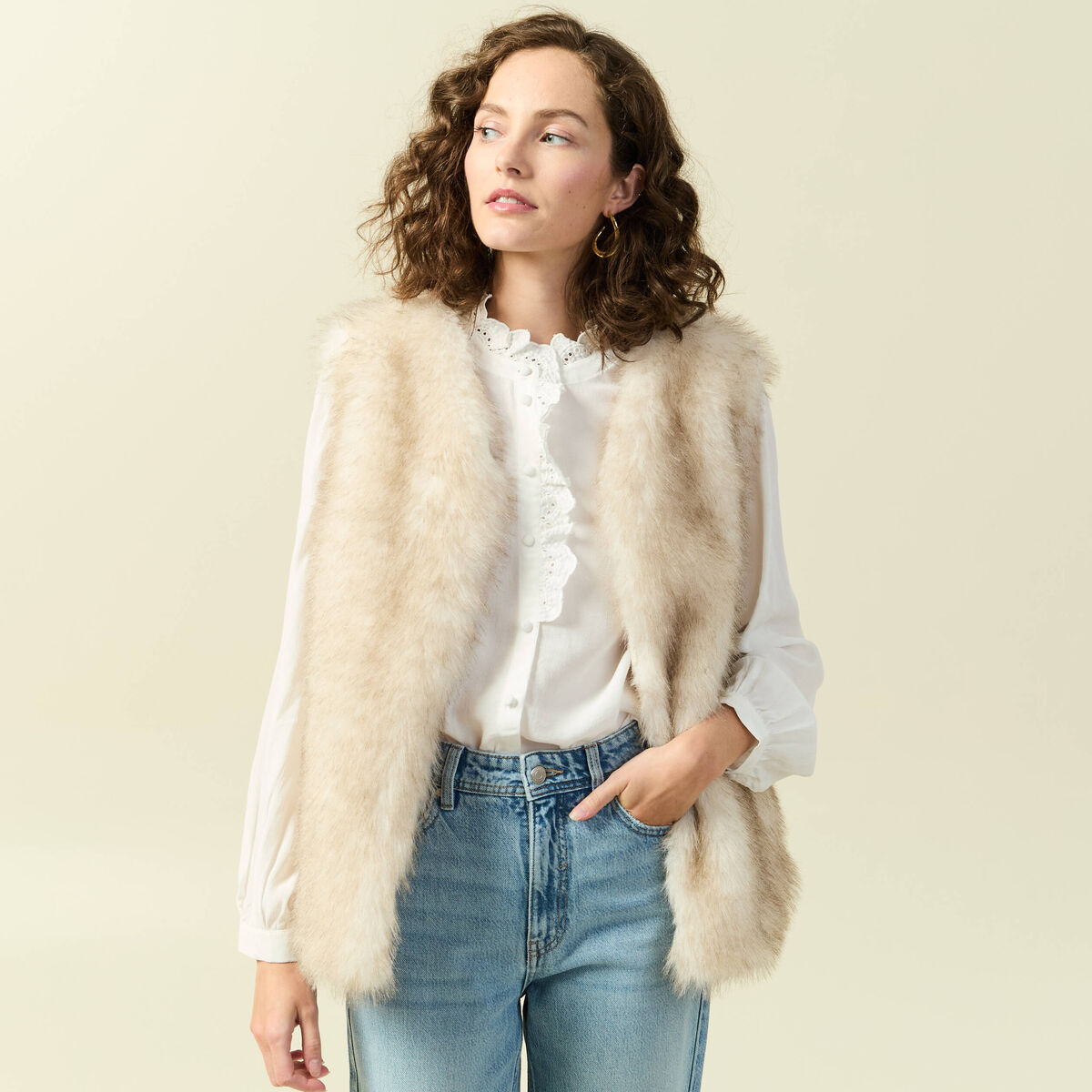 Gilet col tailleur manches longues creme femme