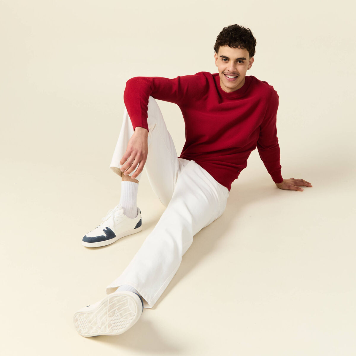 Pull fin col rond manches longues rouge fonc&eacute; homme