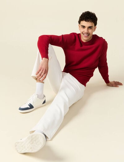 Pull fin col rond manches longues rouge fonc&eacute; homme