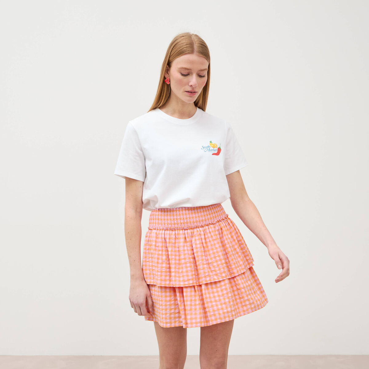 Jupe fluide &agrave; carreaux doubl&eacute;e orange abricot femme