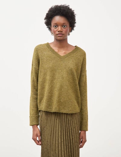 Pull droit col v manches longues vert kaki femme