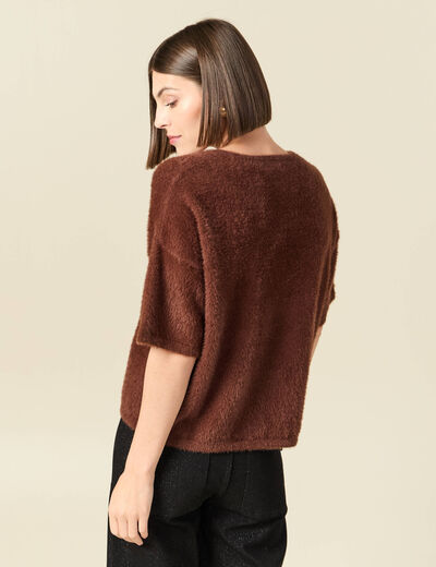 Pull droit court manches coude col rond marron femme