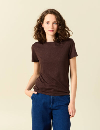 T-shirt col rond manches courtes marron femme