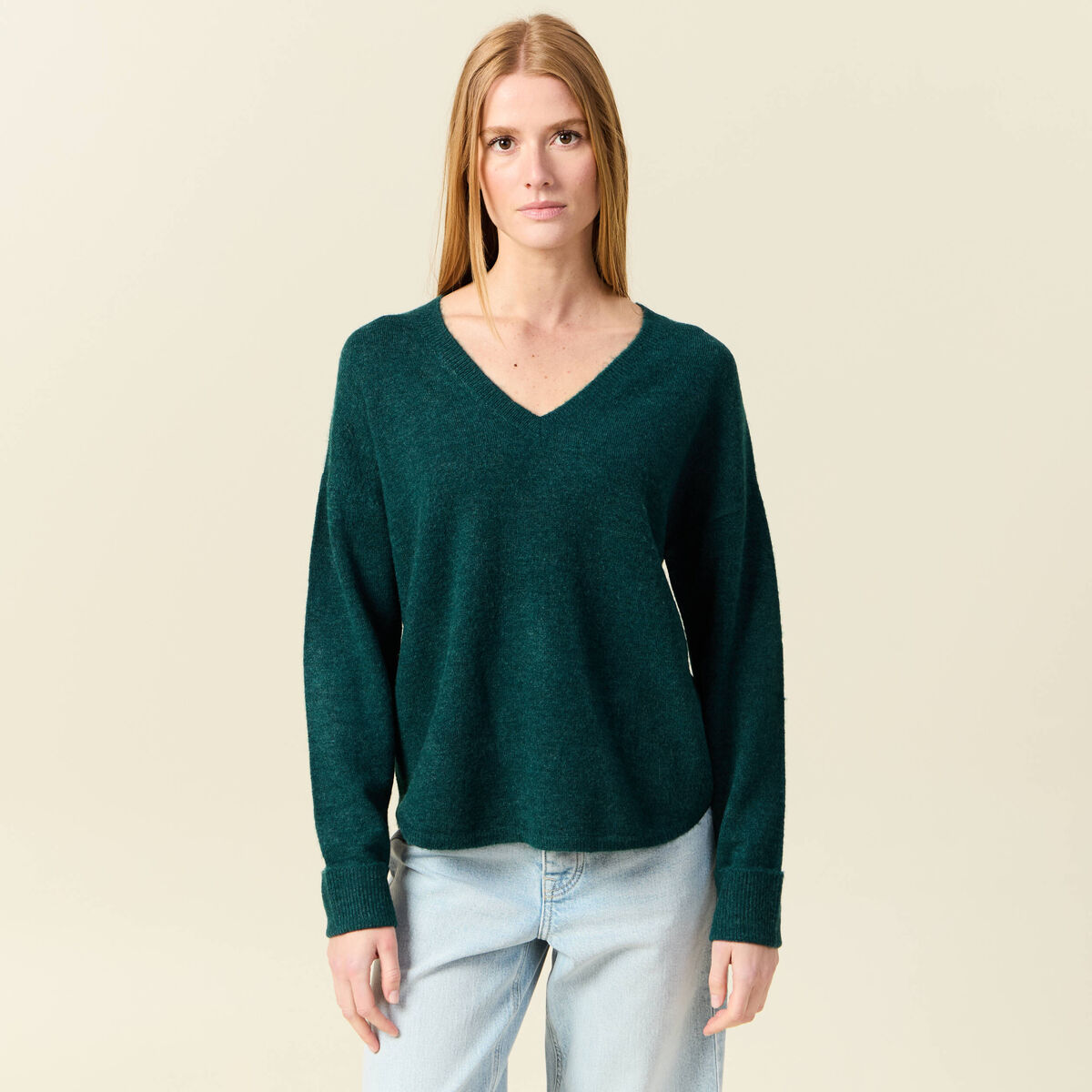 Pull manches longues col en V vert foncé femme