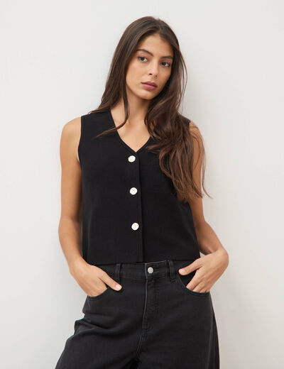 Gilet droit court sans manches col v noir femme