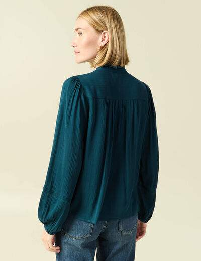 Blouse droite courte d&eacute;tail dentelle bleu canard femme