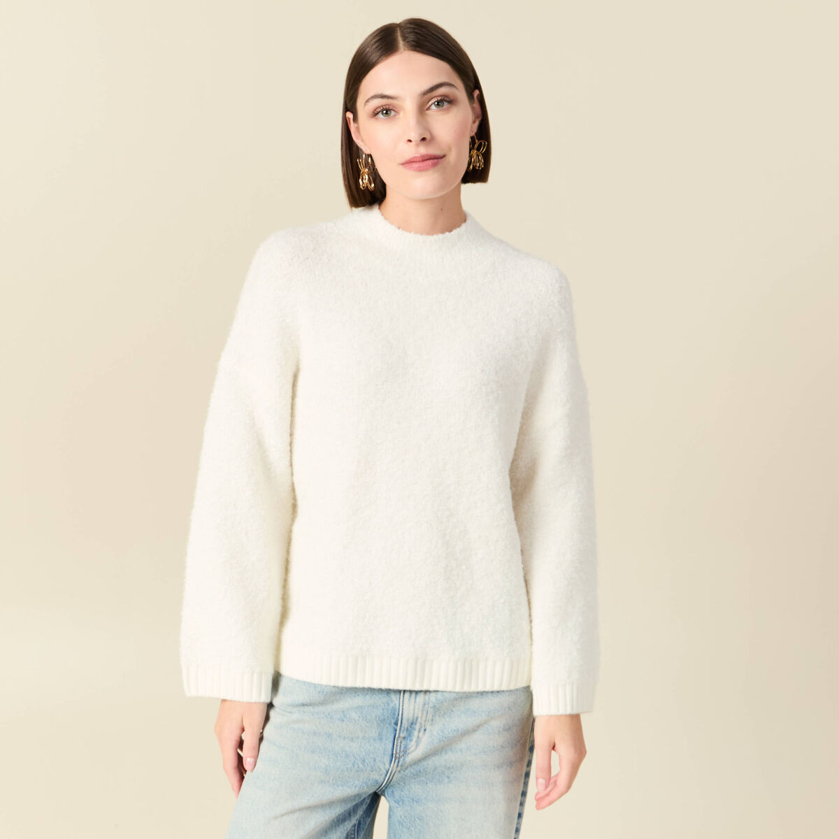 Pull manches longues col montant ivoire femme