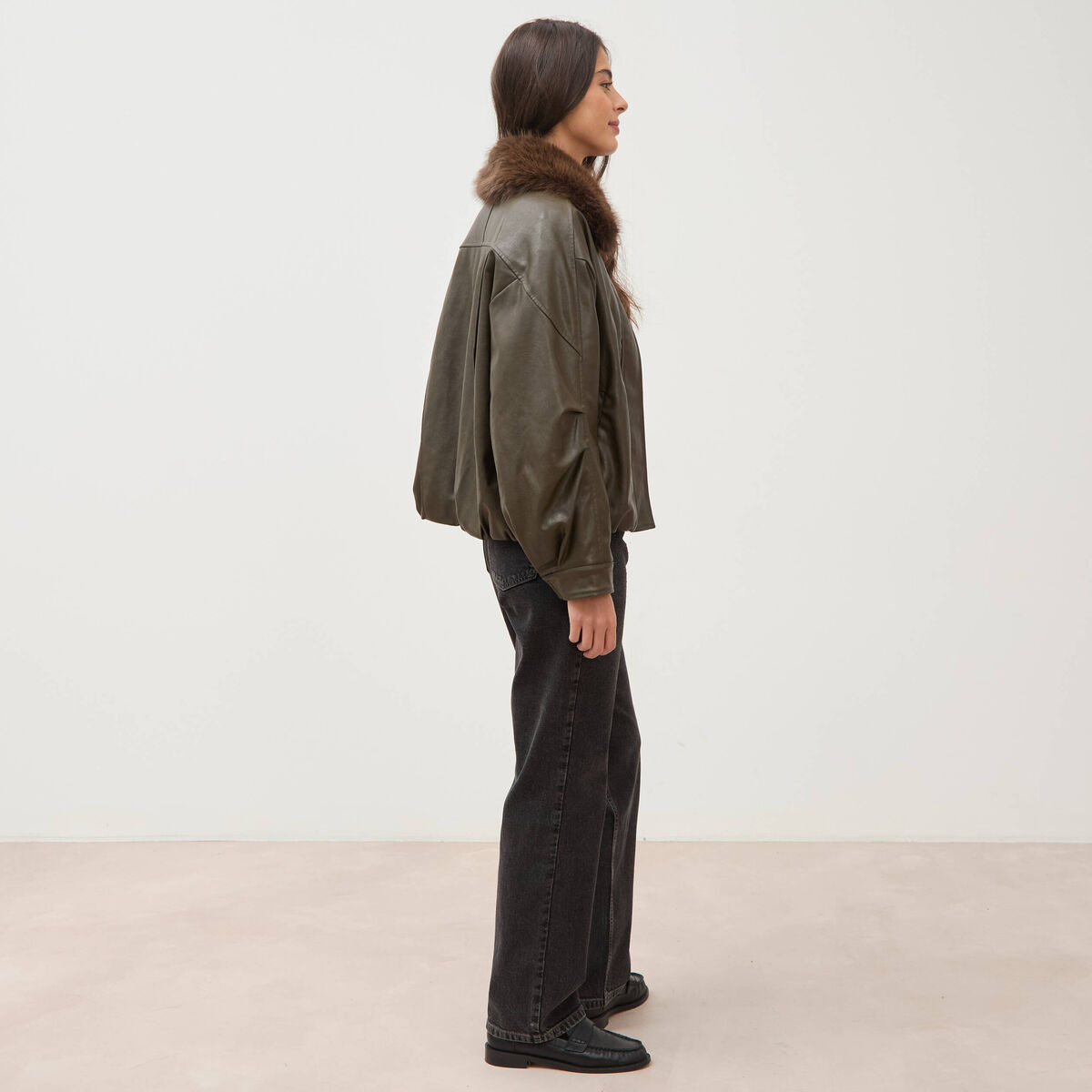 Blouson oversize manches longues vert olive femme