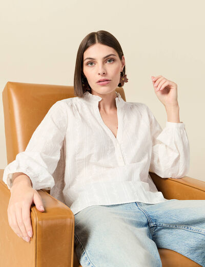 Blouse col mao manches longues en coton ecru femme