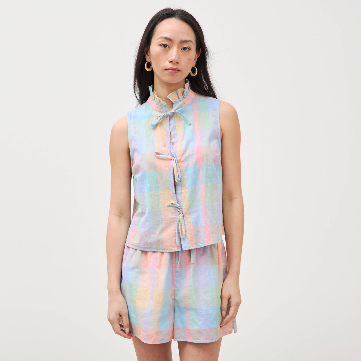 Top sans manches col montant en coton multicolore femme