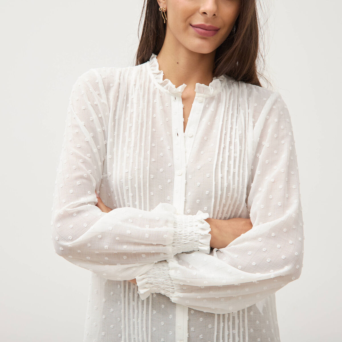 Chemise droite manches longues ecru femme
