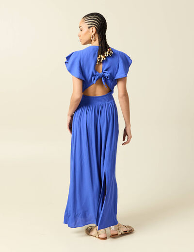 Robe fluide col v manches courtes bleu electrique femme
