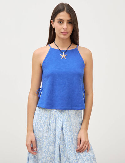 D&eacute;bardeur ray&eacute; et nou&eacute; col rond en coton bleu electrique femme