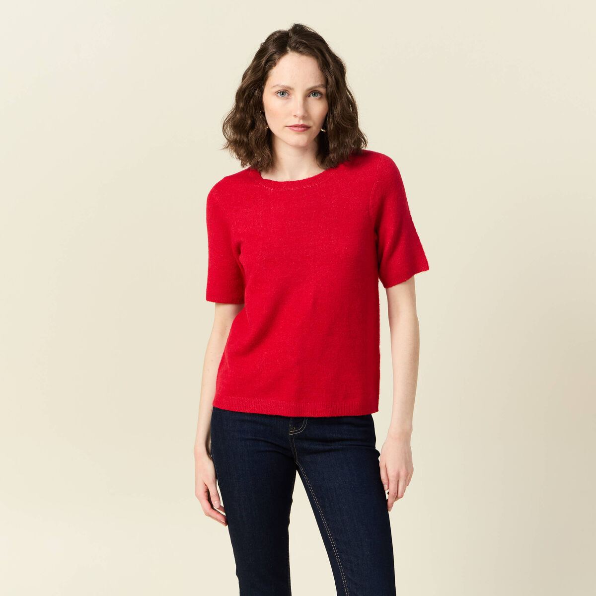 Pull manches courtes rouge femme