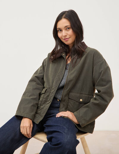 Parka oversize courte col classique vert kaki femme