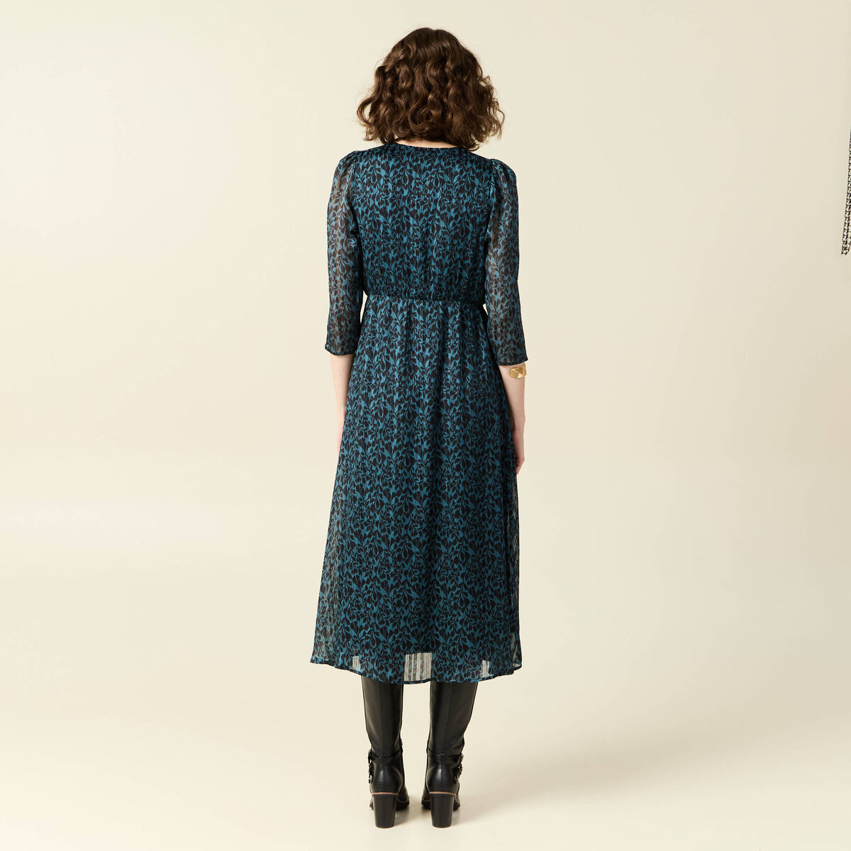 Robe longue évasée manches 3/4 bleu canard femme