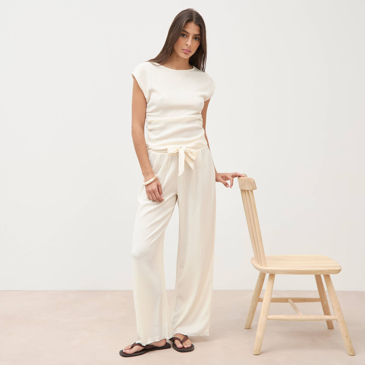 Pantalon loose avec ceinture creme femme