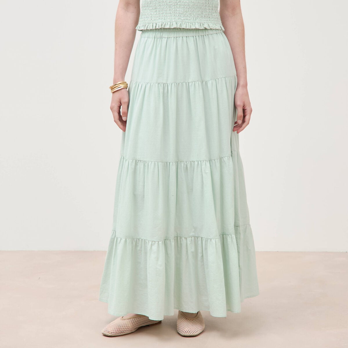 Jupe longue &eacute;vas&eacute;e en coton doubl&eacute;e vert pastel femme