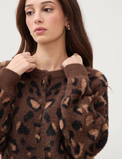 Gilet manches longues col rond marron fonc&eacute; femme