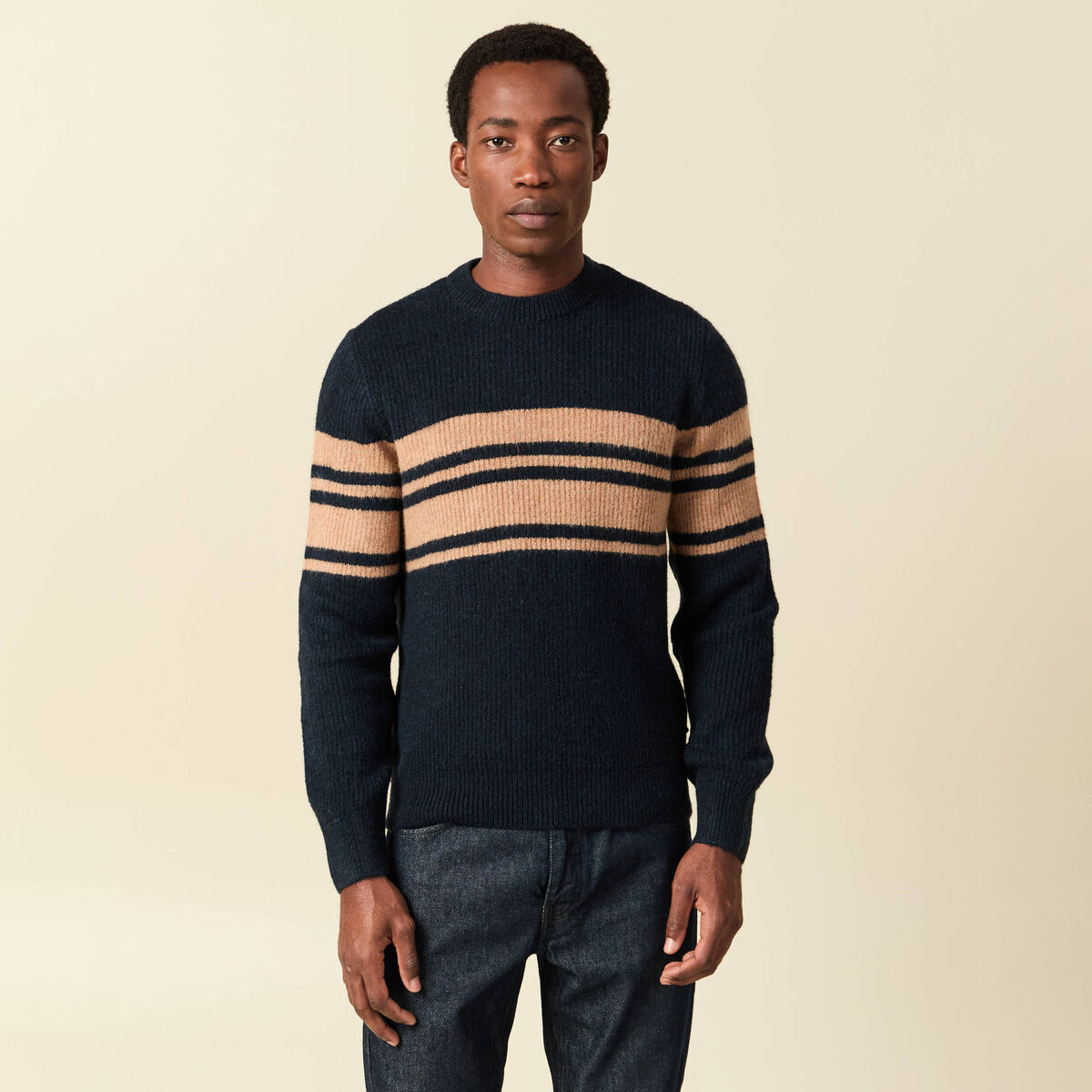 Pull manches longues col rond bleu marine homme