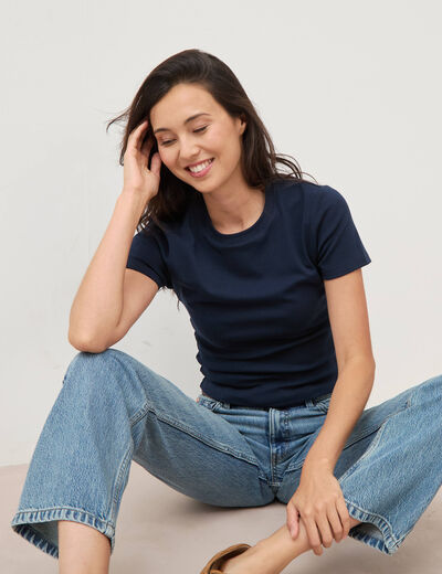 T-shirt ajust&eacute; col rond manches courtes bleu marine femme