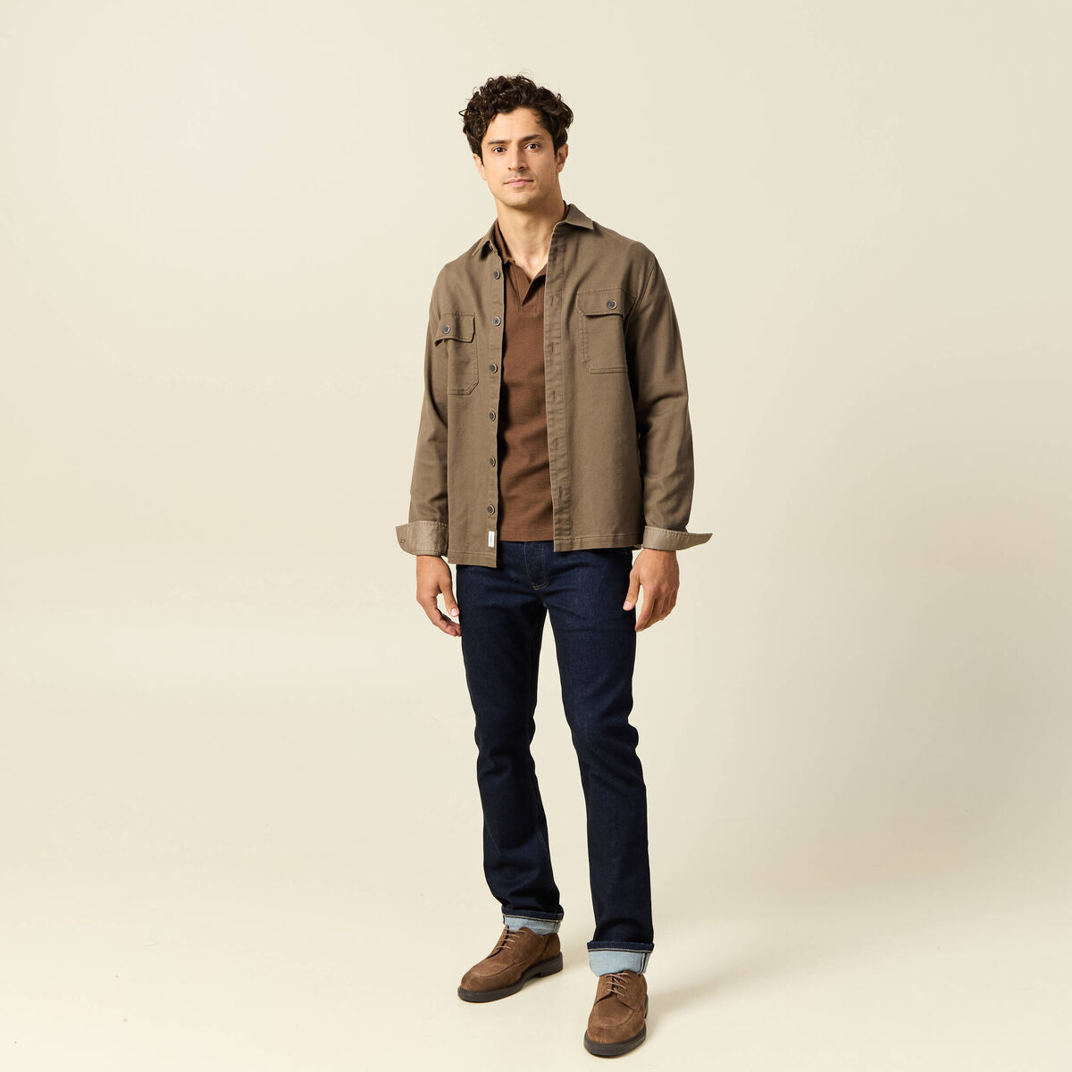 Polo cintr&eacute; col cubain manches courtes marron homme