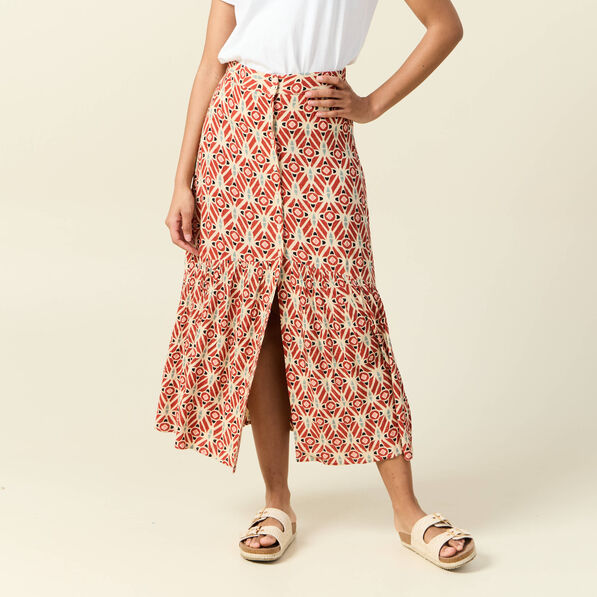 jupe longue evasee terracotta femme Jupe longue évasée terracotta femme