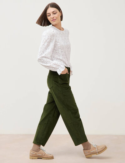 Pantalon barrel taille haute velours vert fonc&eacute; femme