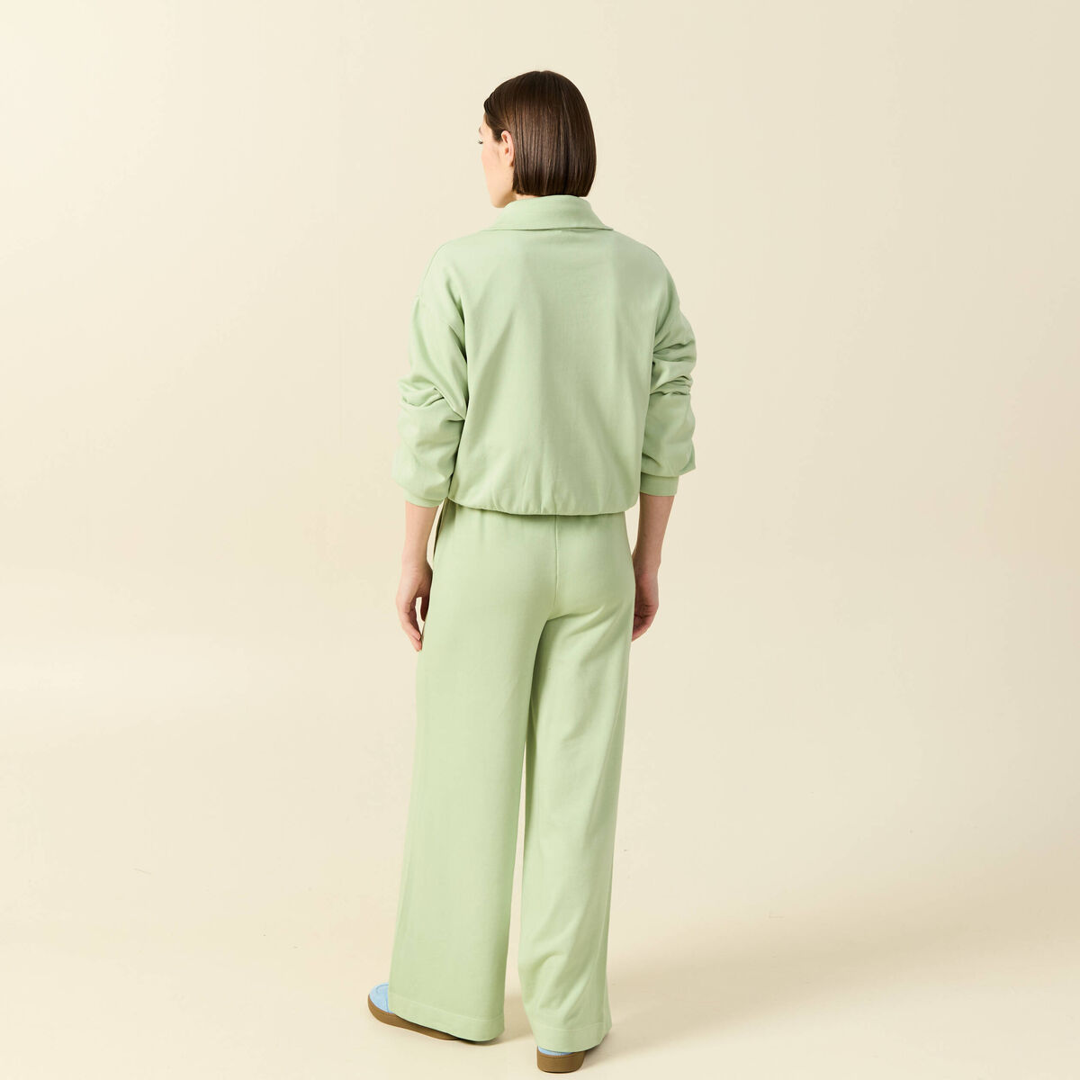 Pantalon large taille haute fluide vert clair femme