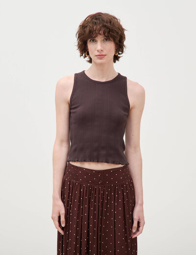 D&eacute;bardeur bretelles col rond en coton marron fonc&eacute; femme