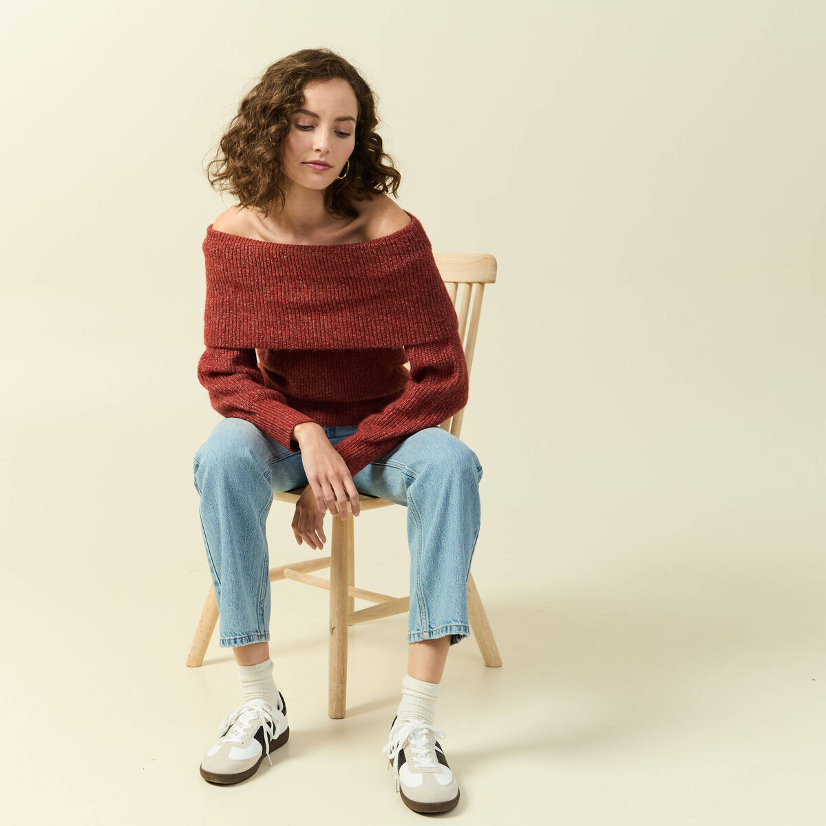 Pull manches longues col bardot vieux rose femme