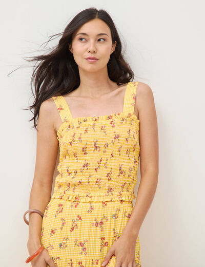 Top droit court &agrave; bretelles col carr&eacute; jaune femme