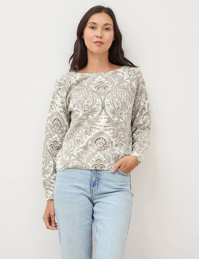 Pull manches longues col bateau vert kaki femme