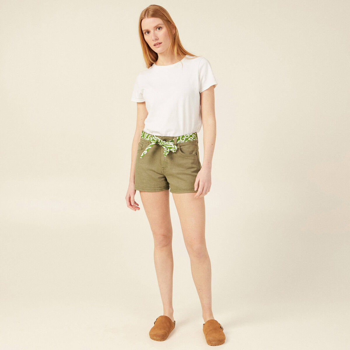 Short straight ceinturé jean vert kaki femme