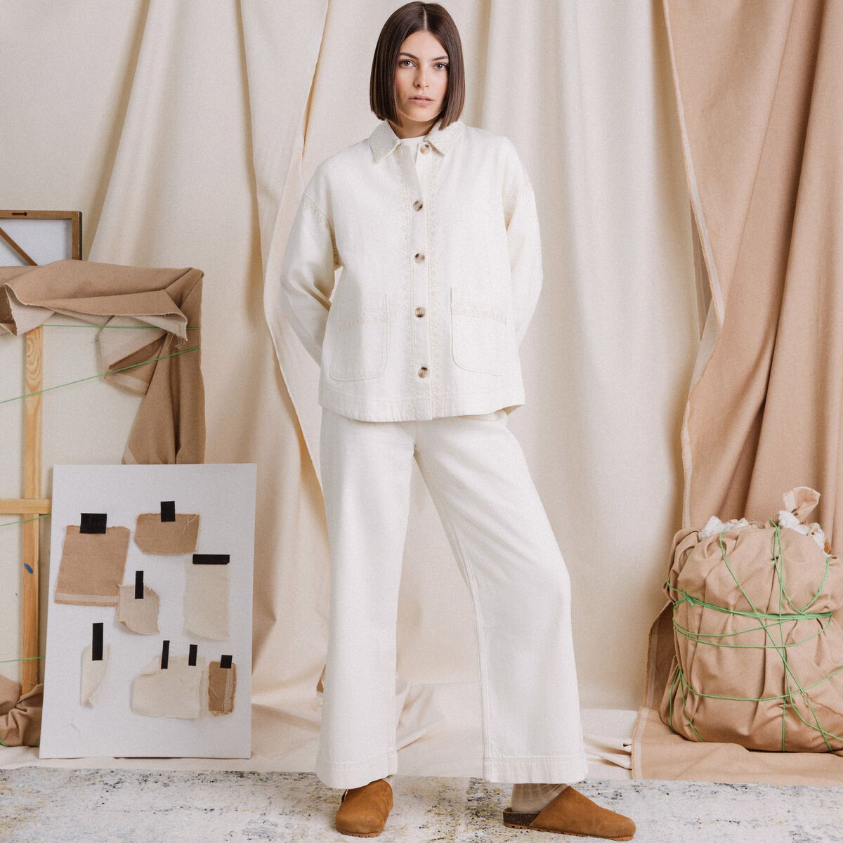 Blouson boutonné brodé denim blanc femme