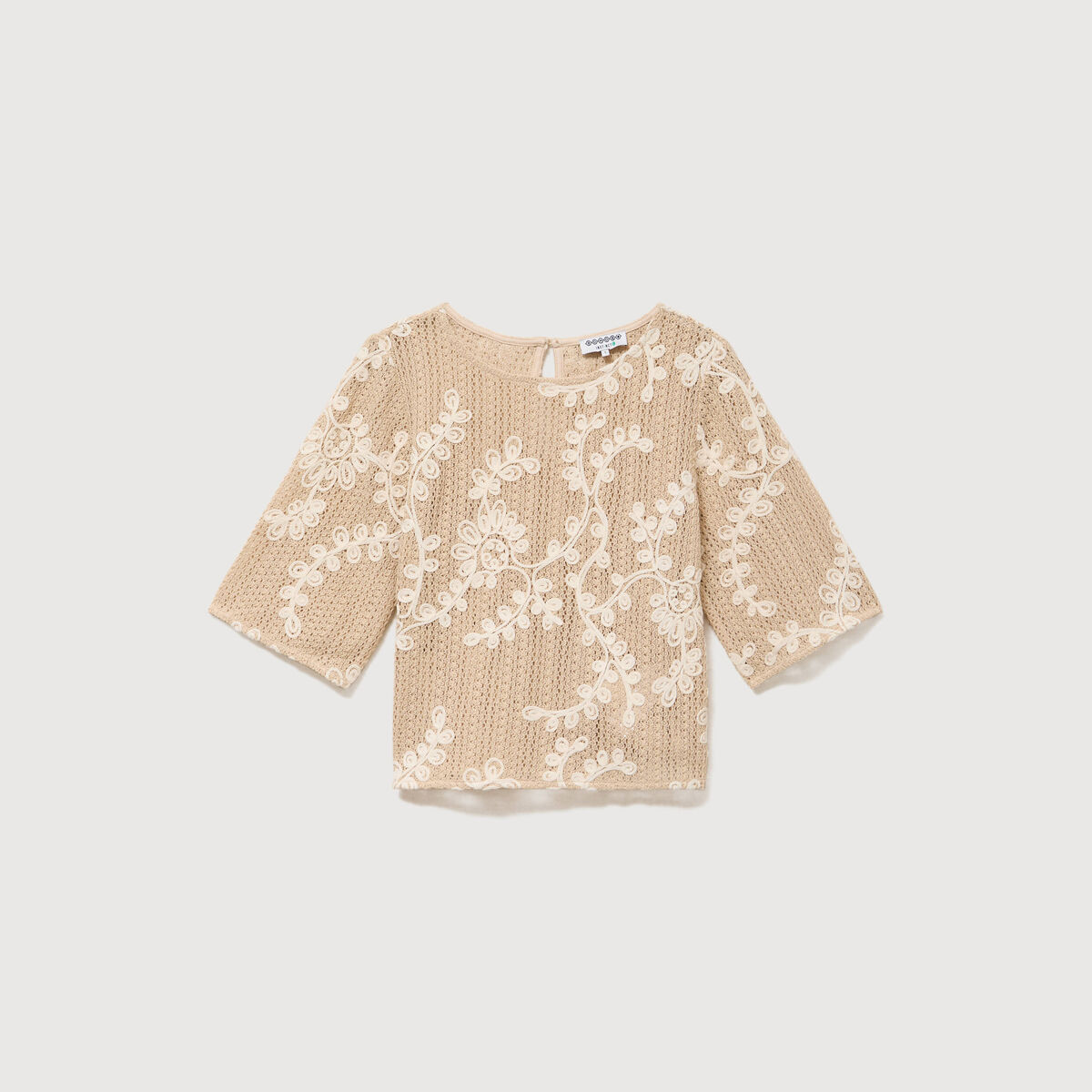 T-shirt brod&eacute; col rond manches 3/4 beige femme