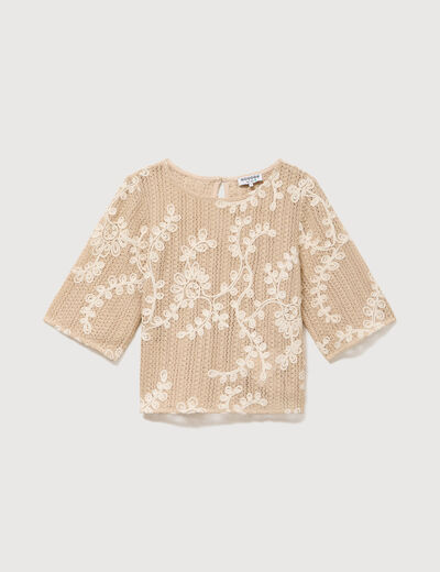 T-shirt brod&eacute; col rond manches 3/4 beige femme