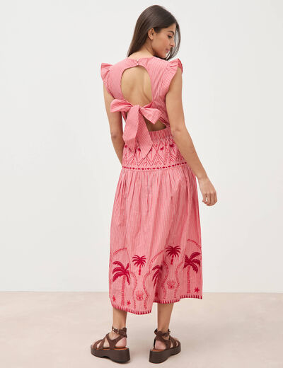 Robe col v manches volantes en coton rouge femme