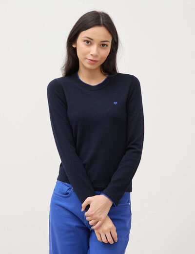 Pull fin col rond manches longues bleu fonc&eacute; femme