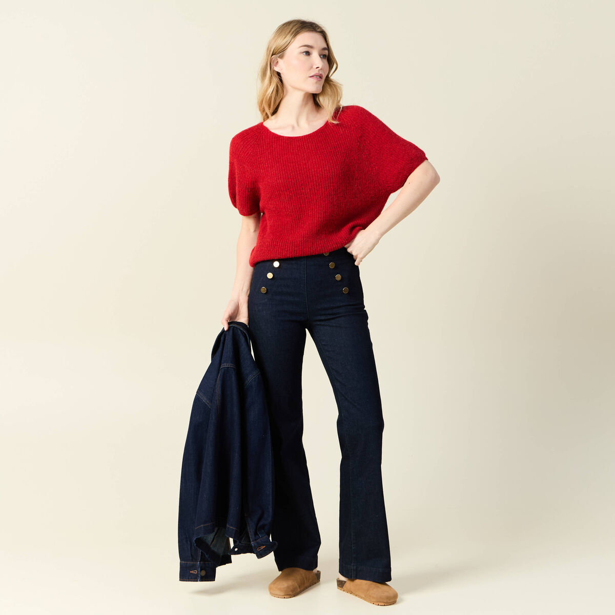 Pull manches courtes rose framboise femme