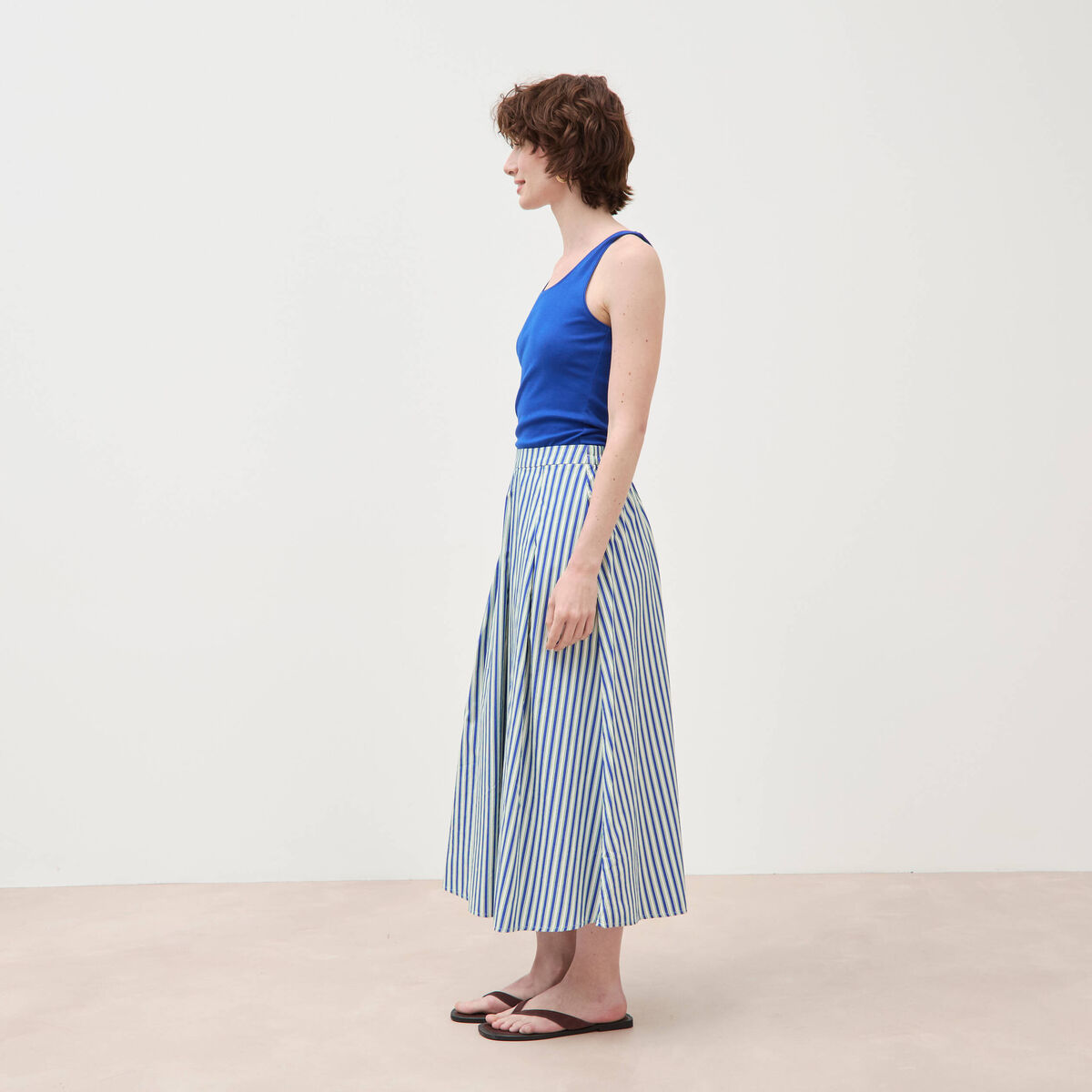 Jupe longue &eacute;vas&eacute;e en coton ray&eacute; bleu femme