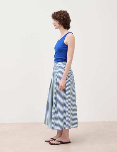 Jupe longue &eacute;vas&eacute;e en coton ray&eacute; bleu femme