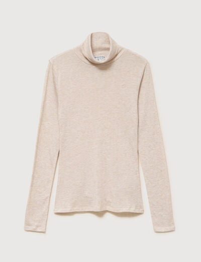 T-shirt cintr&eacute; manches longues col roul&eacute; beige femme