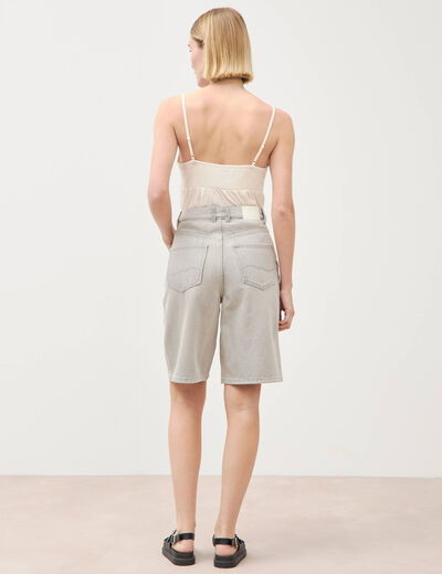 Bermuda large taille haute en coton denim gris clair femme